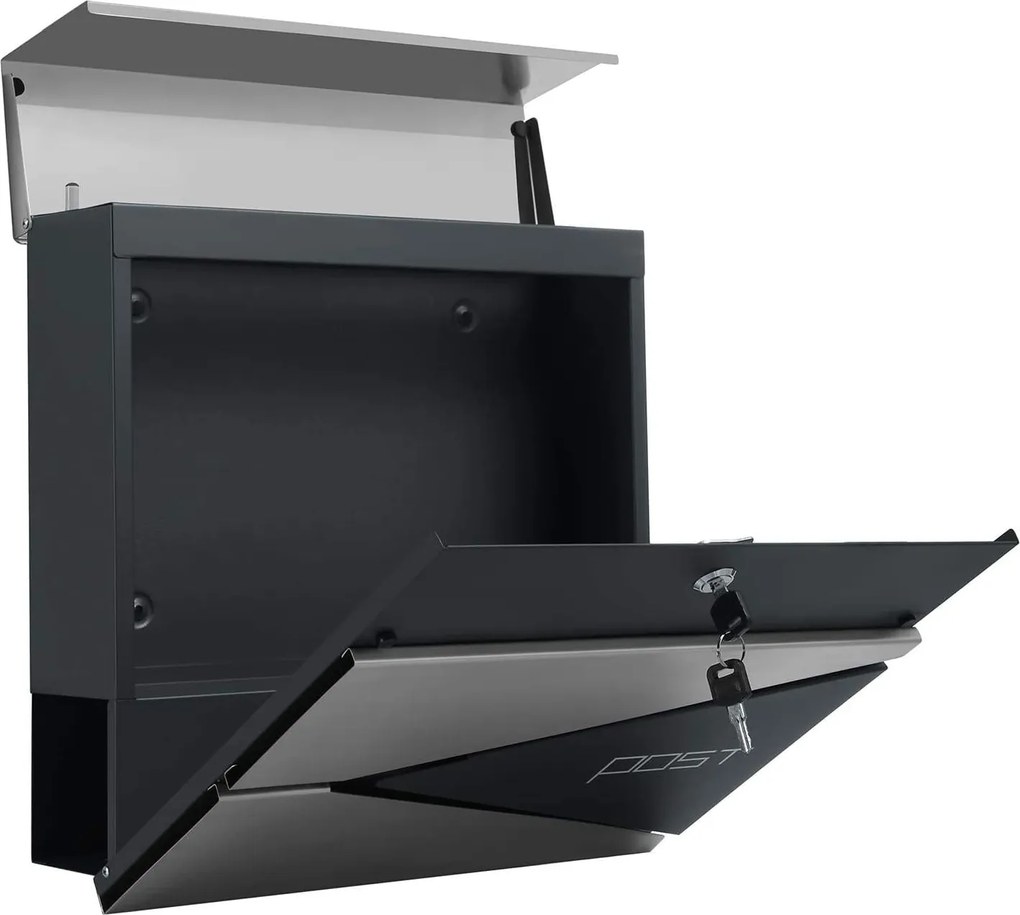 Modern postaláda újságtartóval 10,5x37x37 cm, antracit és ezüst