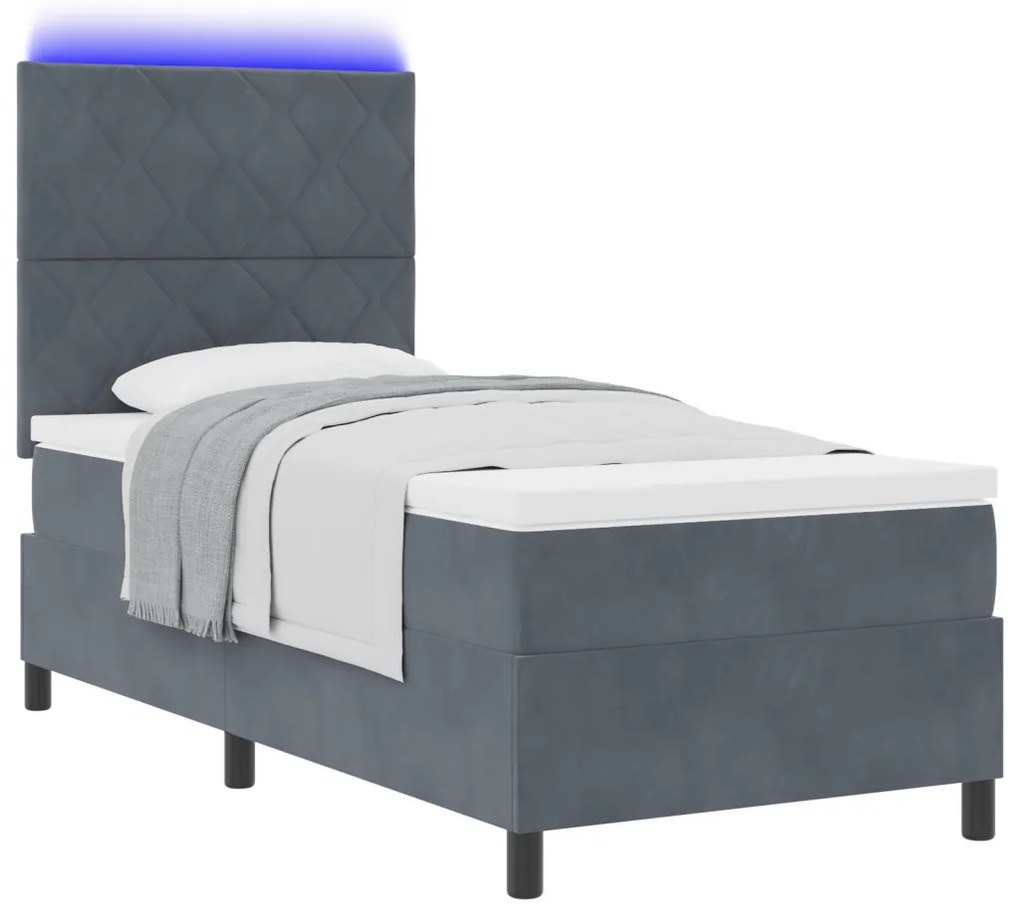 Boxspring Ágy Matraccal és LED-del Sötétszürke 90x200 cm Bársonyos