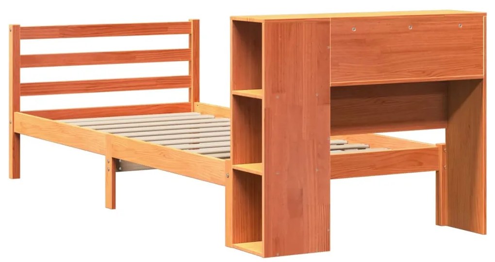 viaszbarna tömör fa könyvespolcos ágy matrac nélkül 100 x 200cm