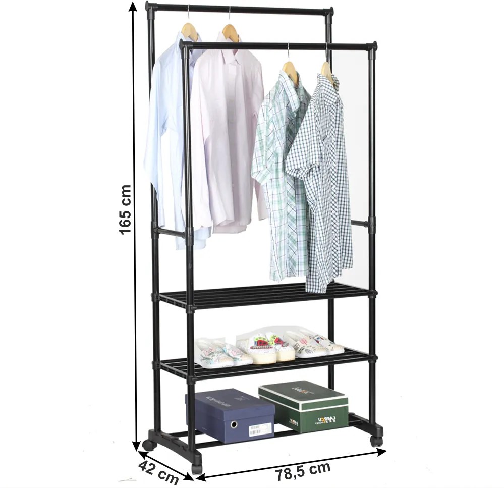 Kétsoros akasztó polcokkal, fekete, TIRUS