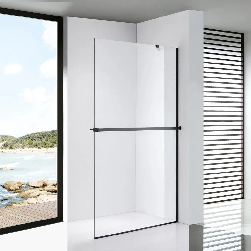 Stuxi Milano Easy Plus Black Walk-in zuhanyfal, 110x200 cm, 8 mm vastag vízlepergető üveggel, helytakarékos stabilizátorral, polccal, törölközőtartóval