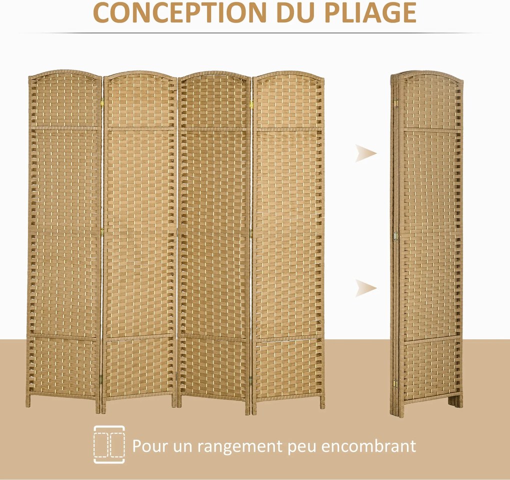 HOMCOM Beltéri Fa Térelválasztó 4 Panel 160 x 170 cm Összecsukható Privát Képernyő Szőtt Felülettel, Elválasztó Parti Élet Térhez, Hálószobához, Ottho