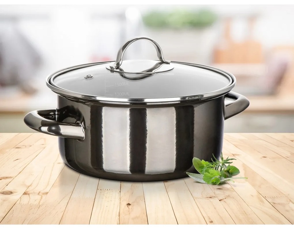 Banquet METALLIC Black 20 cm-es zománcozottserpenyő, 2 l, fedővel, 20 cm