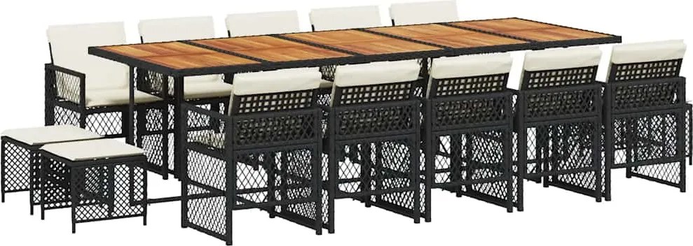 vidaXL 15 részes fekete polyrattan kerti étkezőgarnitúra párnákkal