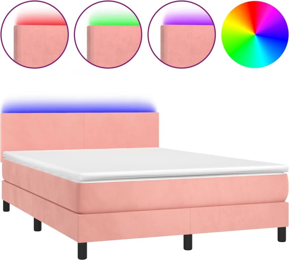 vidaXL rózsaszín bársony rugós és LED-es ágy matraccal 140x190 cm