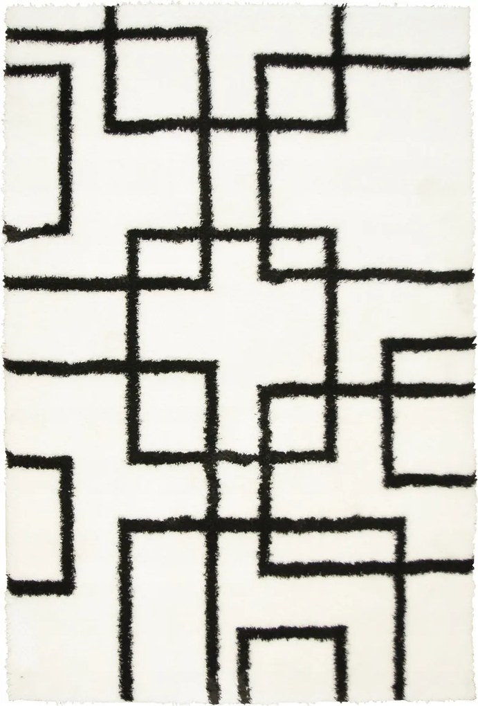 Shaggy Szőnyeg Nappaliba Világos Krém Fekete Geometrikus Vonalak 60x100 cm