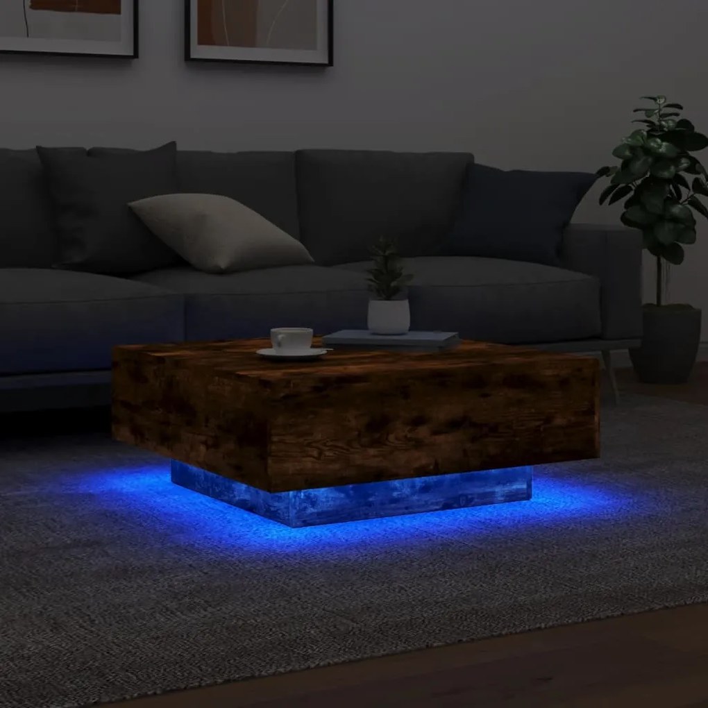 Füstös tölgy színű dohányzóasztal LED-lámpákkal 80 x 8 0x 31 cm