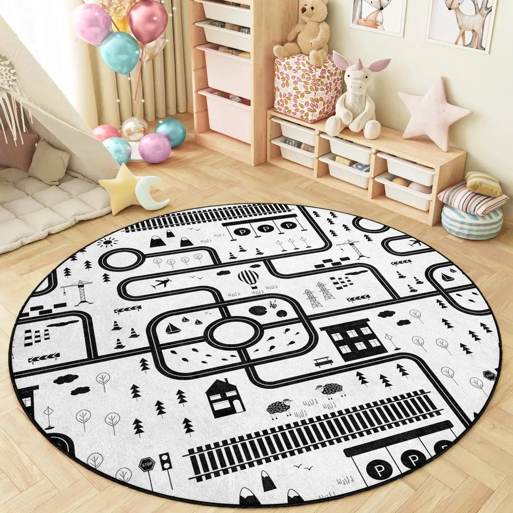 Fekete-fehér mosható gyerek játszószőnyeg ø150 cm In My Town – Mila Home