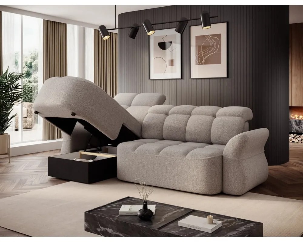 Bézs buklé kinyitható-tárolóhelyes sarokkanapé (bal oldali-heverő résszel) Beneth – ELTAP