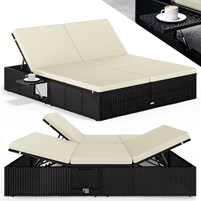 Deuba Kerti rattan ágy 200x160 cm fekete - krémszínű párnák
