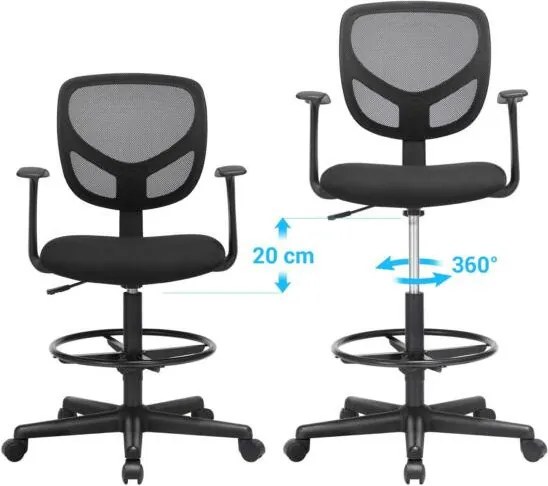 Ergonomikus irodai szék kartámaszokkal, magas forgó szék 55-75 cm ülésmagasság, fekete