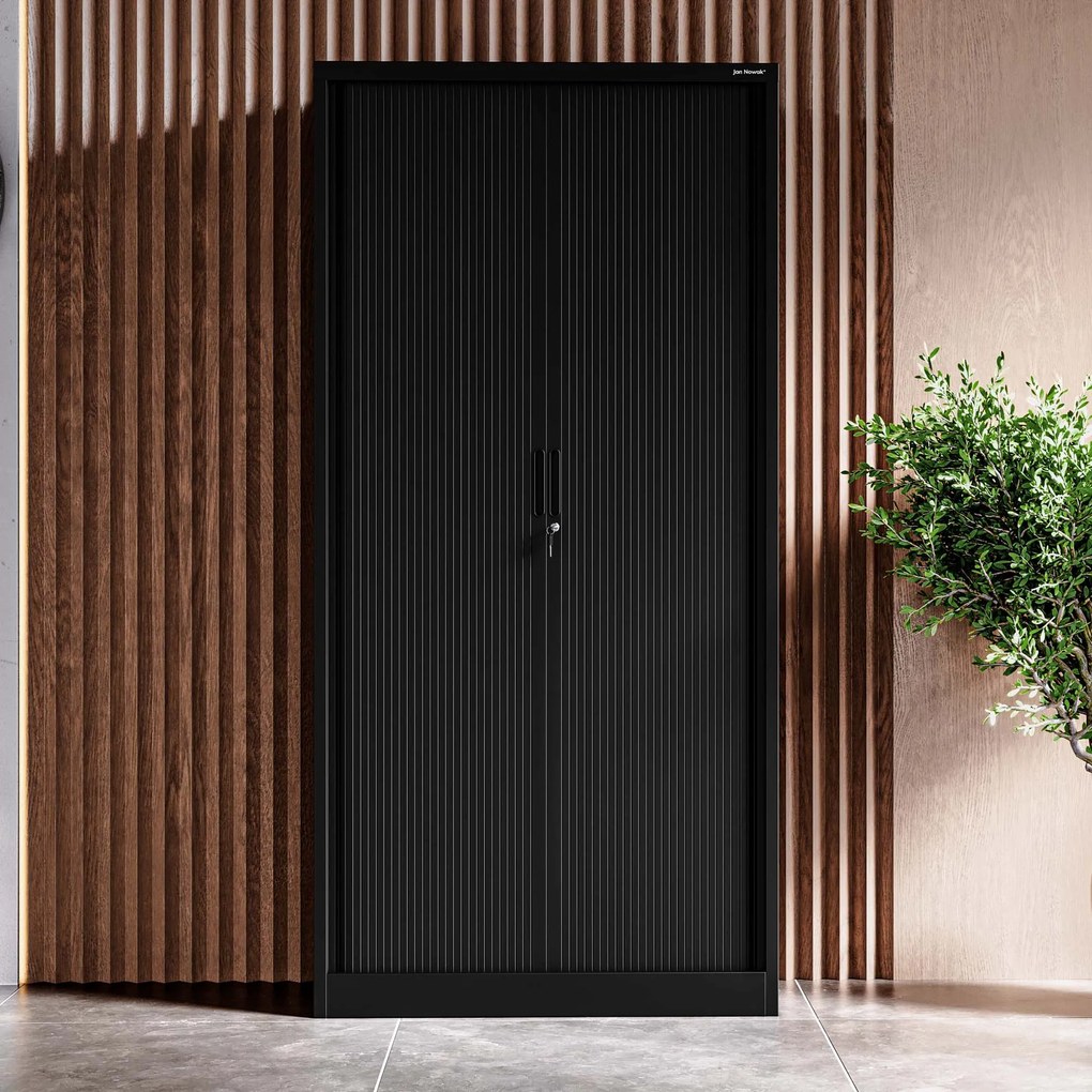 DAMIAN irodai fémszekrény harmonikaajtókkal, 900 x 1850 x 450 mm, fekete