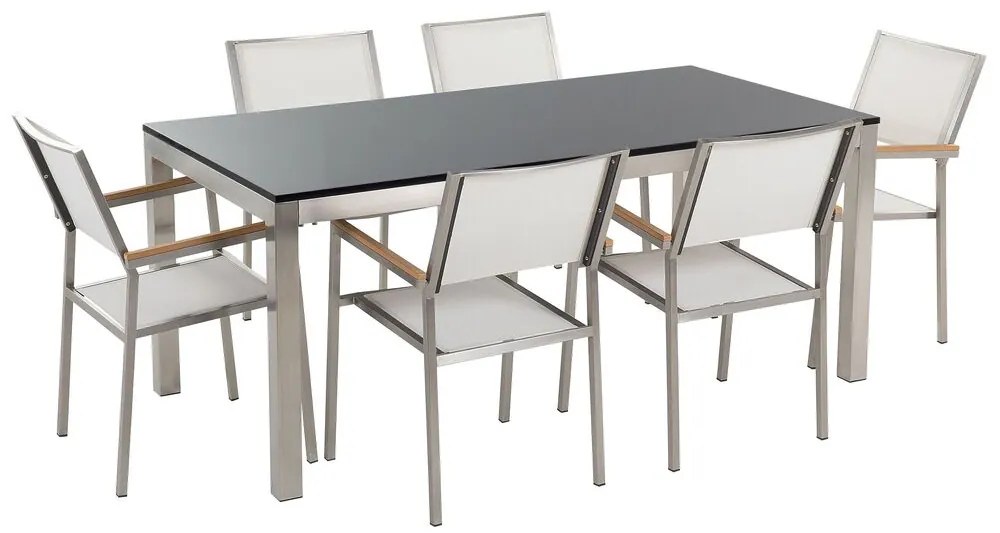 Hatszemélyes fekete égetett gránit étkezőasztal fehér székekkel GROSSETO Beliani