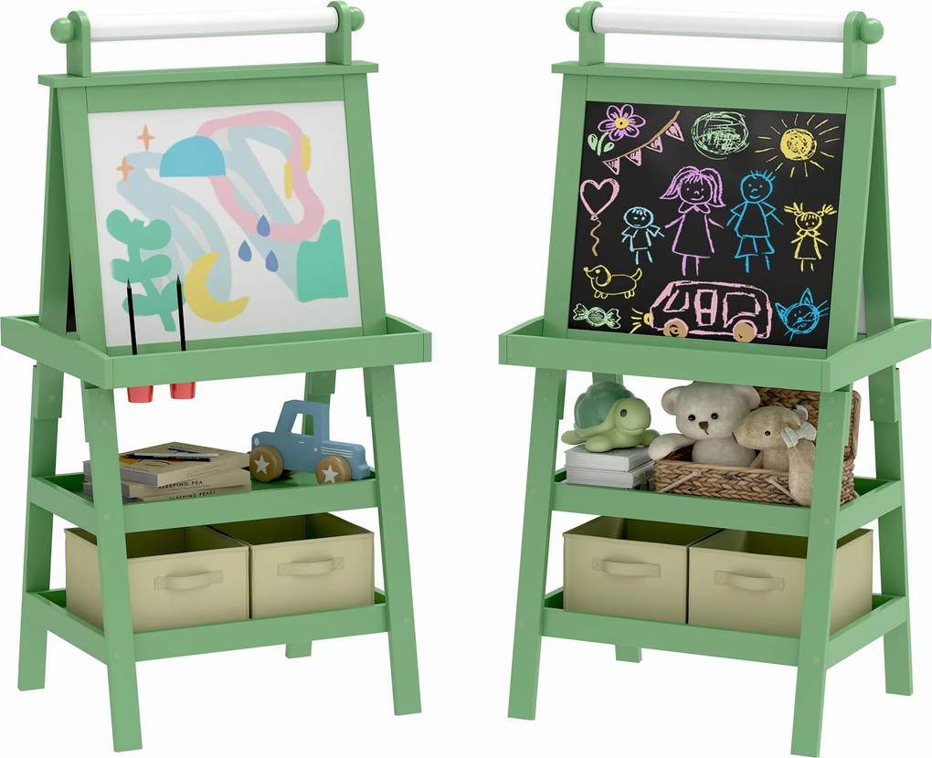 AIYPLAY Gyermek Grafikai Állvány 3 az 1-ben Mágneses Kétoldalas Gyermek Krétatábla Festő Állvány Papírtekercsel és Tárolókosarakkal 59x48x118 cm Zöld
