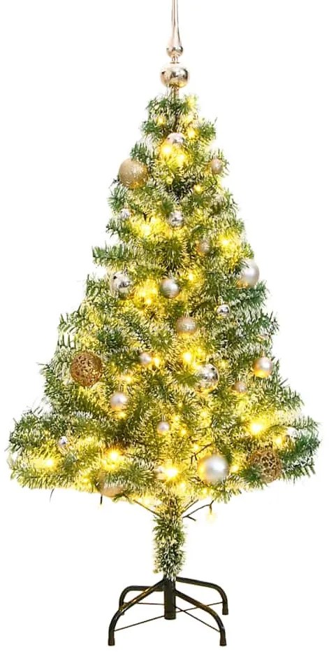 műkarácsonyfa 150 LED-del, gömbszettel és hópehellyel 120 cm