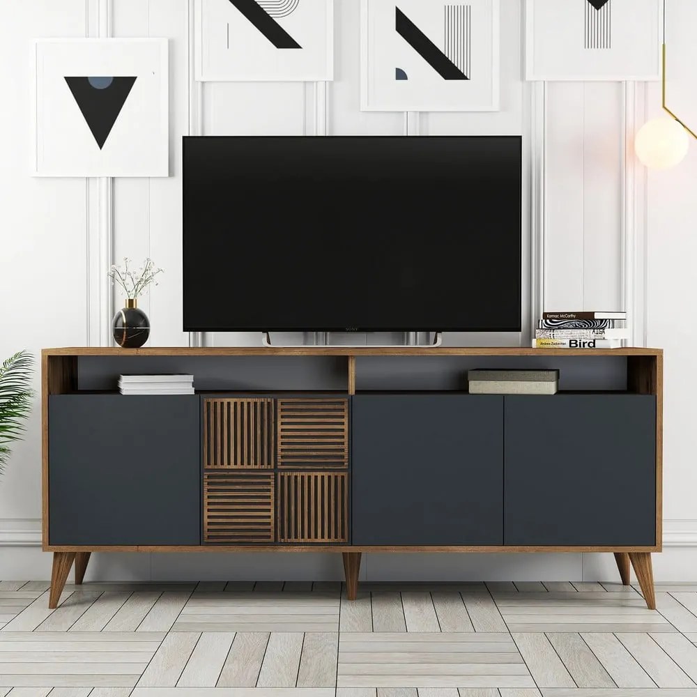 Antracitszürke-natúr színű alacsony komód diófa dekorral 180x79 cm Milan – Kalune Design