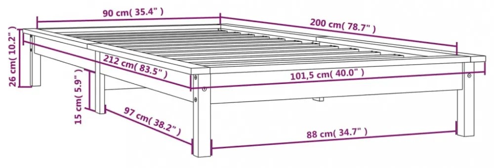 fekete tömör fenyőfa ágykeret 90 x 200 cm