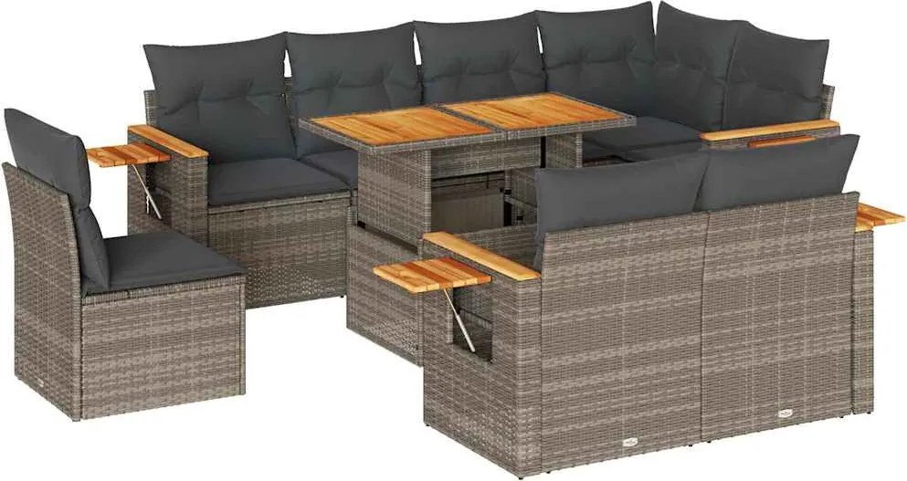 vidaXL 9 részes szürke polyrattan akácfa kerti ülőgarnitúra párnákkal