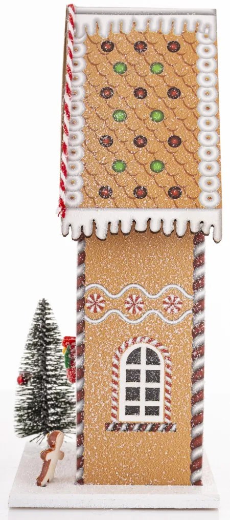 LED-es karácsonyi lámpás mézeskalács jellegű emeletes házikó ünnei díszítéssel fenyőfával asztali dekoráció 22x11x9cm