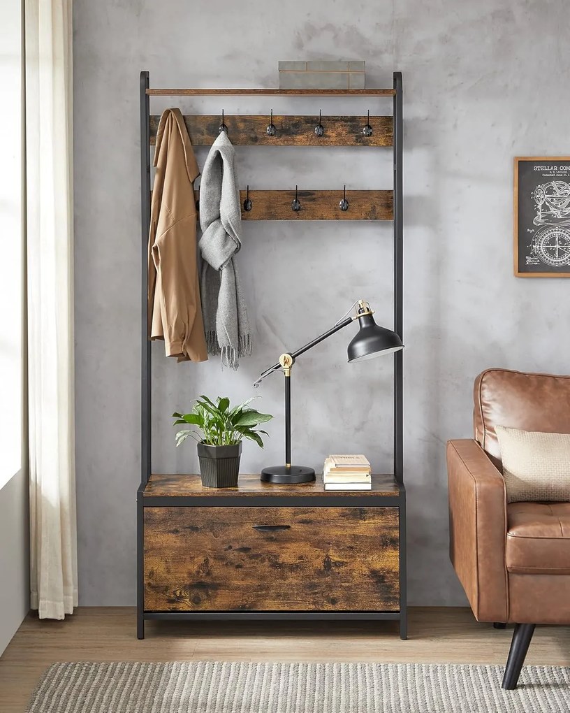 Fogas cipőtárolóval, előszobafal padokkal, 85x30x180cm, rusztikus barna és fekete