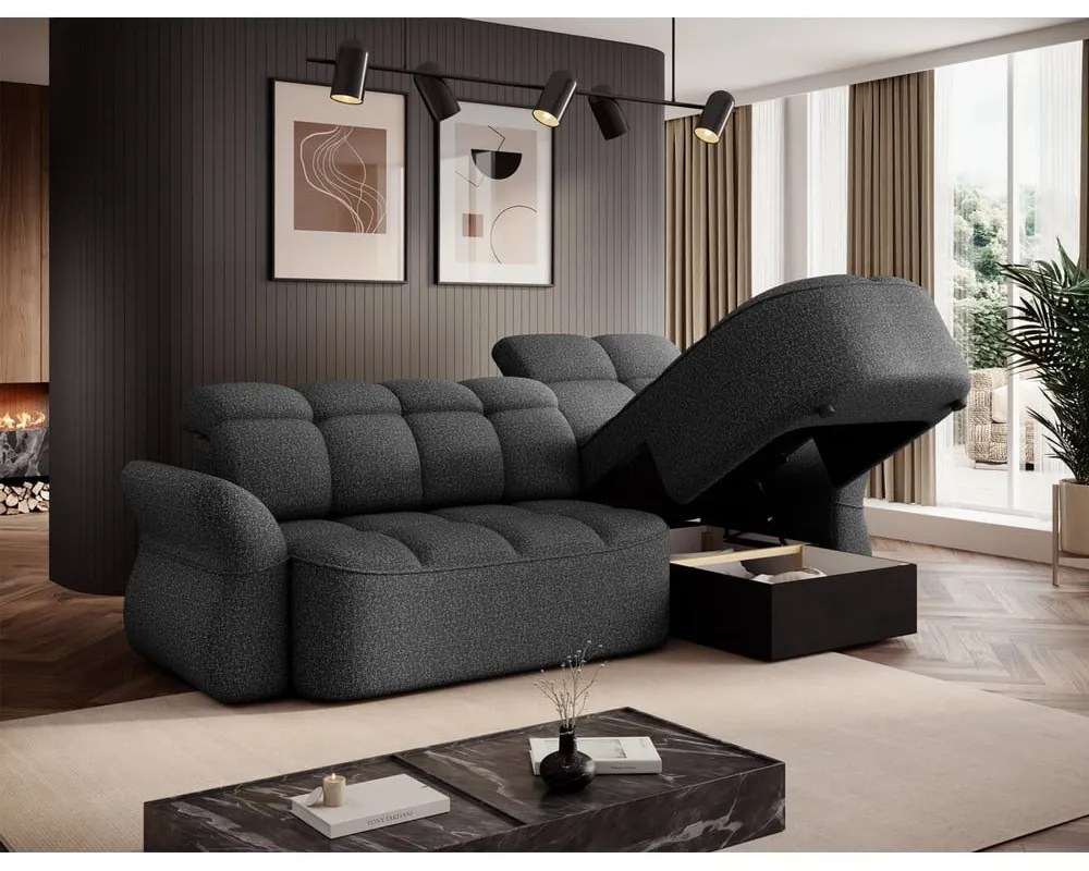 Sötétszürke bársony kinyitható-tárolóhelyes sarokkanapé (jobb oldali-heverő résszel) Beneth – ELTAP