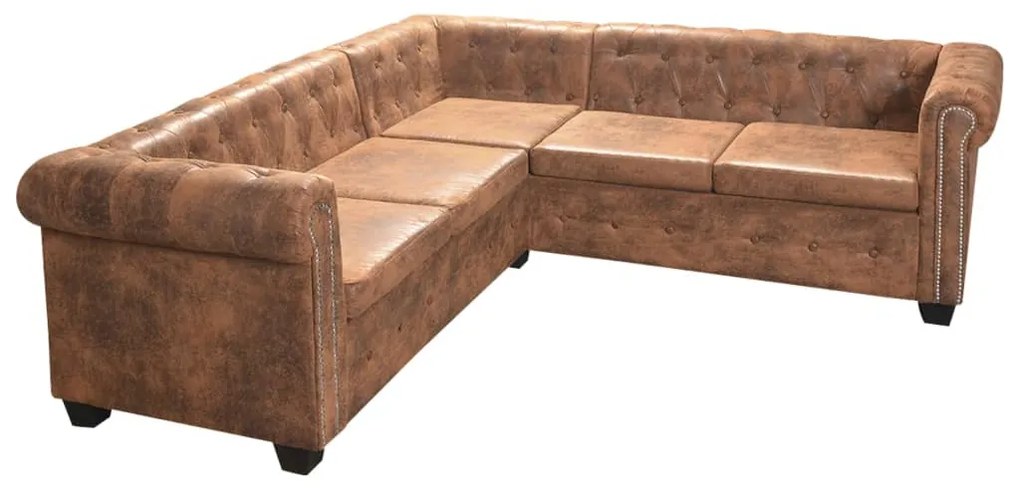 5 személyes barna műbőr Chesterfield sarokkanapé