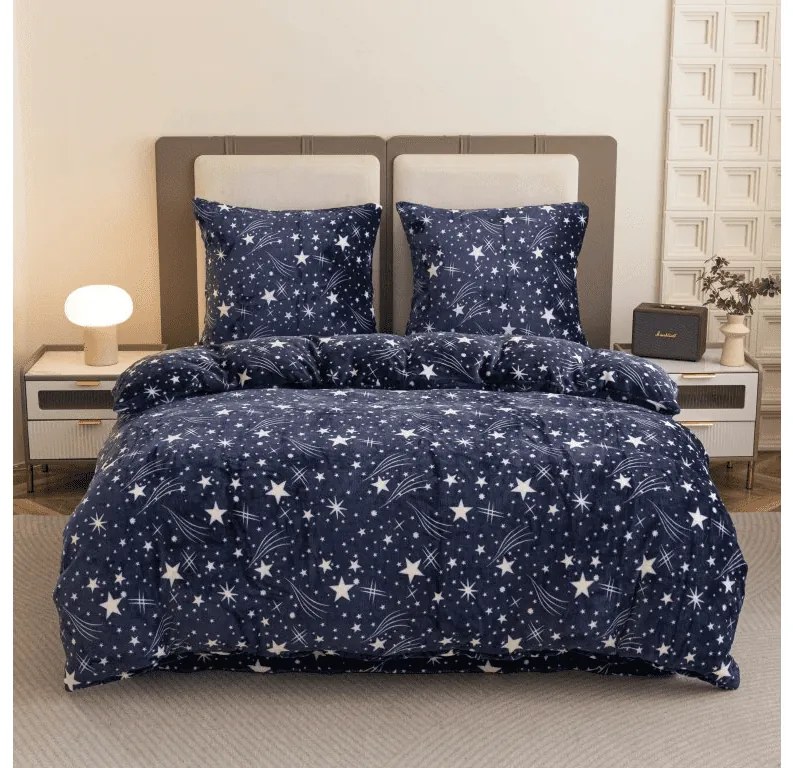 Mikroplüss ágyneműhuzat STARLIGHT sötétkék + mikroplüss lepedő SOFT 90x200 cm fehér, egyszemélyes ágy