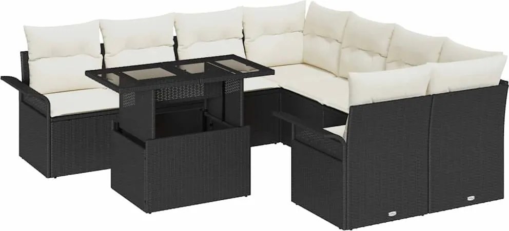 vidaXL Kerti Kanapé Szett párnával 9 pcs Fekete Poli rattan