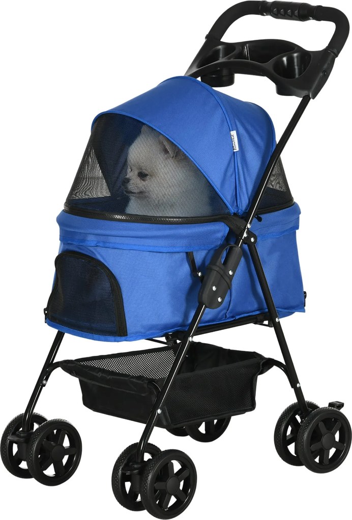 PawHut Kutyakocsi Kis Kutyák és Macskák Számára Összecsukható Funkcióval, Oxford Kék 67 x 45 x 96 cm | Aosom