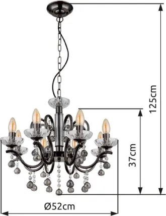 Globo 64134-8 Csillár fém fekete-króm, füstszínű/átlátszó üvegkristályok, magassága lerövidíthető, ø: 520mm, M: 1250mm, 8x E14 40W 230V izzók nélkül