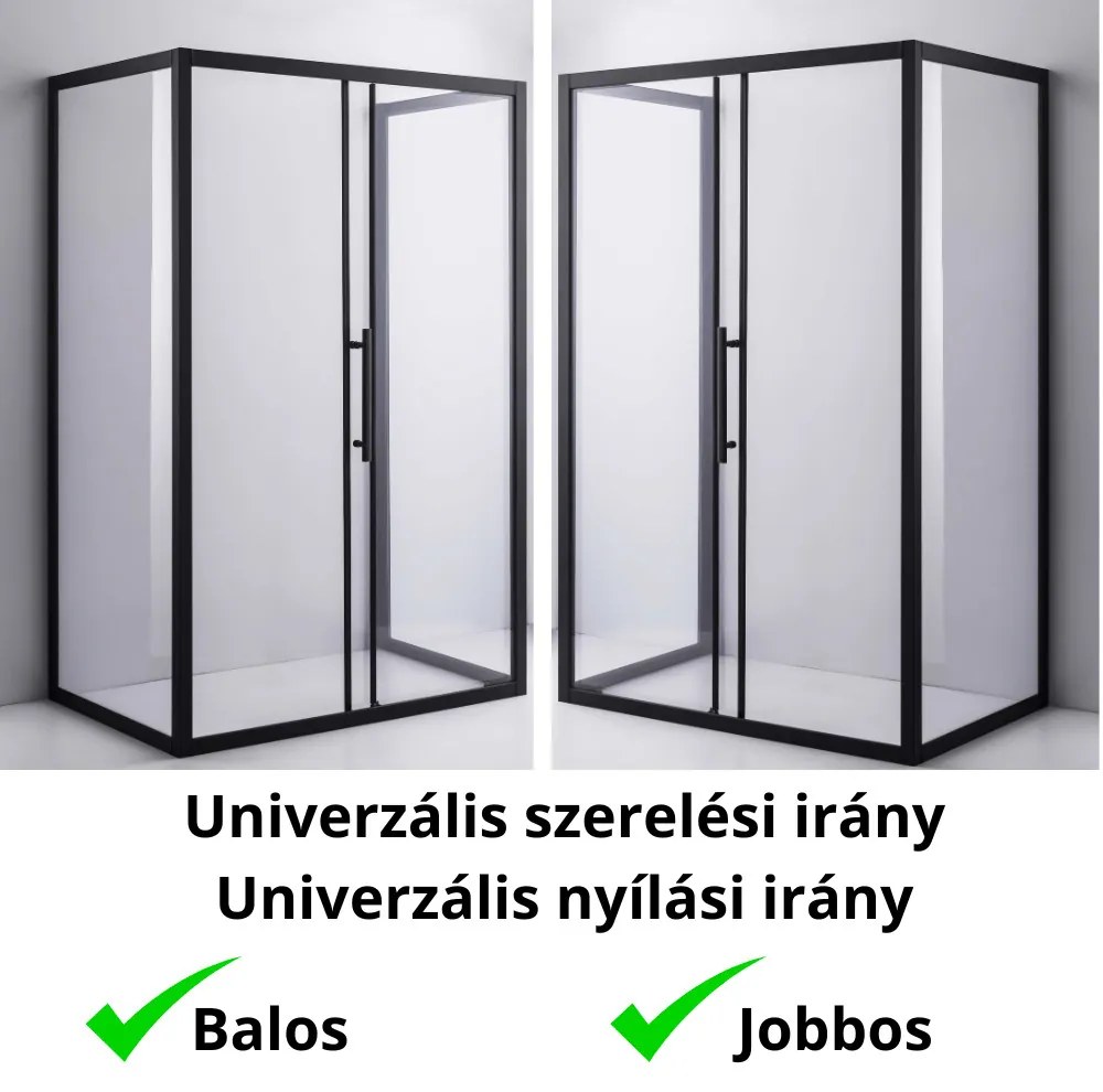 Stuxi Nizza Black 120x100 falsíkra szerelhető 3 oldalú tolóajtós zuhanykabin 6 mm vízlepergető biztonsági üveggel, fekete elemekkel, 200 cm magas