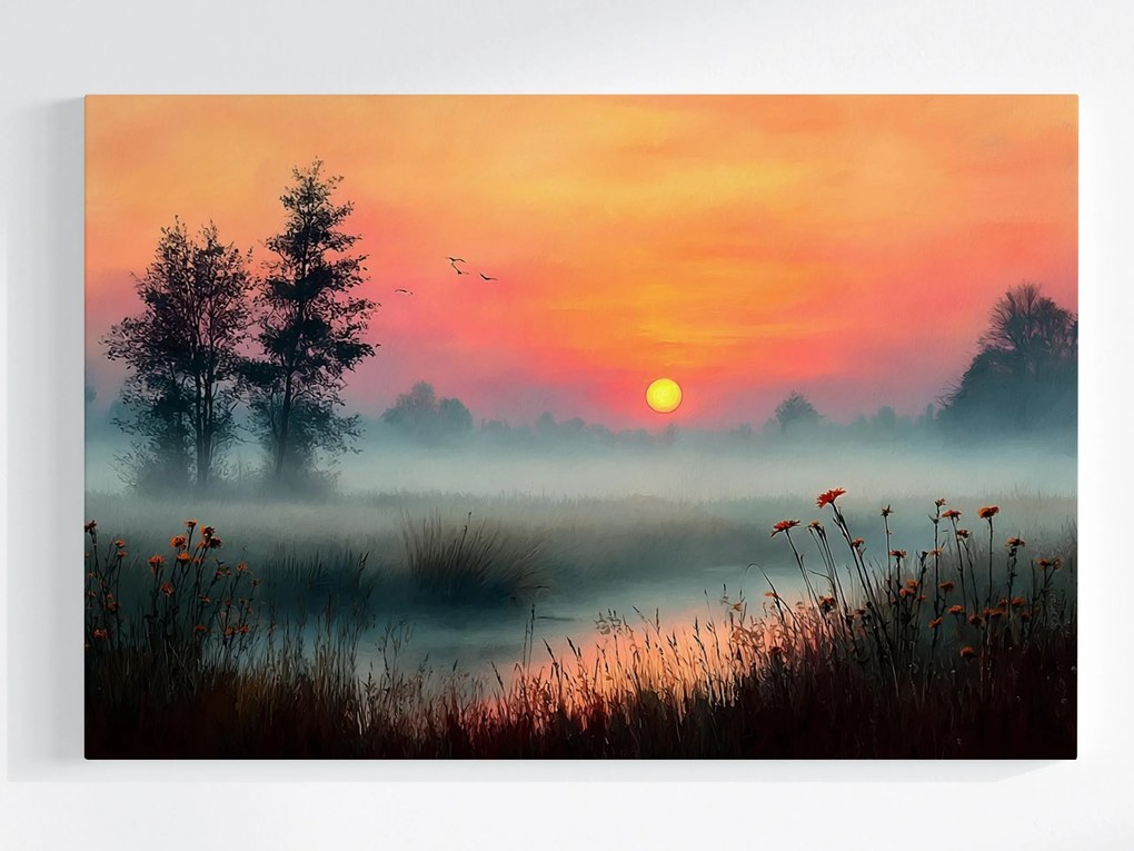 Vászonkép Canvas Napfelkelte Tó Köd Természet Virágok 120x80
