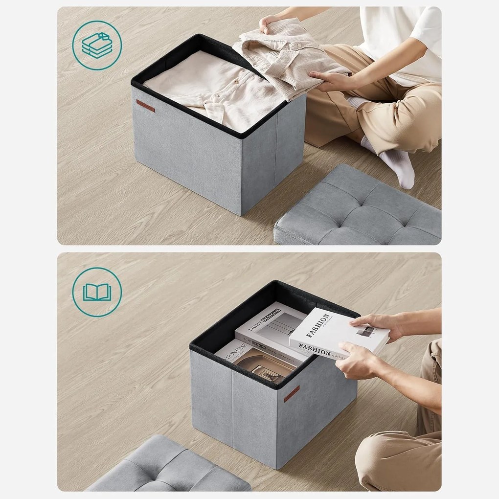 Tároló puff, összecsukható bársony tárolódoboz, szürke, 31 x 41 x 31 cm