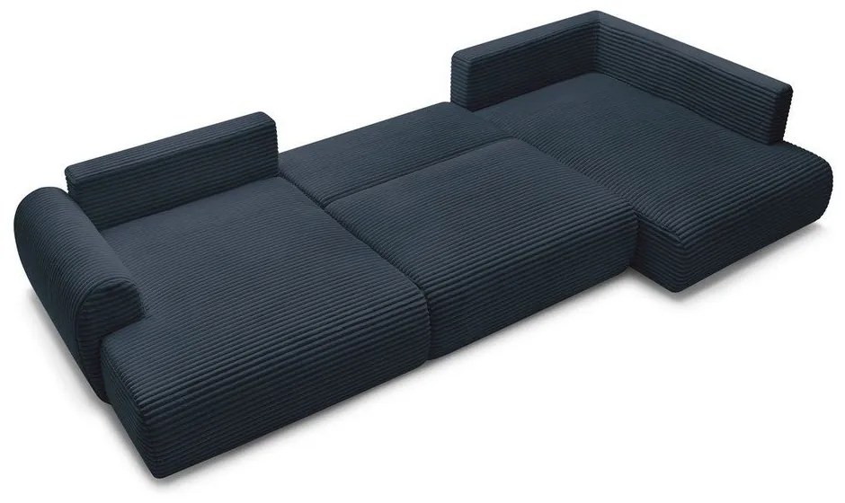 Sötétkék kordbársony kinyitható-tárolóhelyes sarokkanapé (jobb oldali-U alakú) Lucien – Bobochic Paris