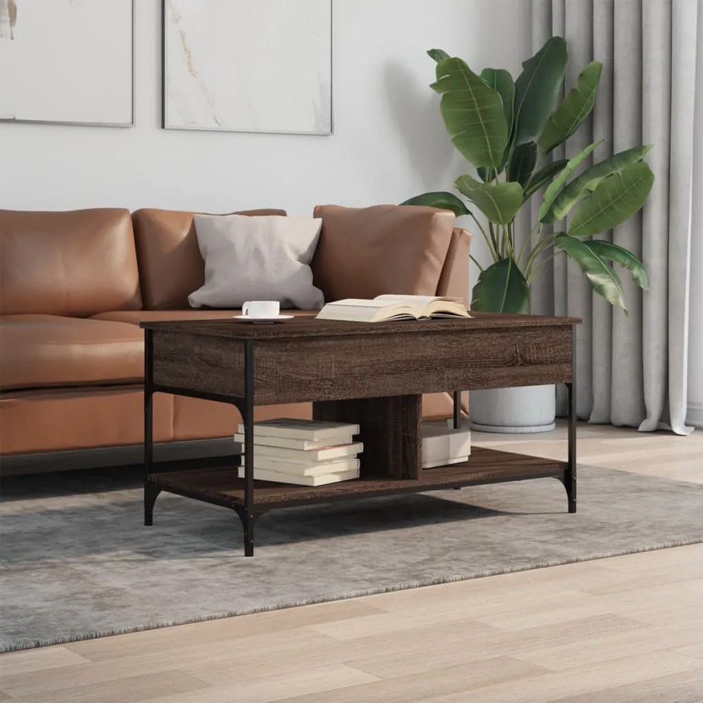 Barna tölgy színű szerelt fa és fém dohányzóasztal 100x50x50 cm