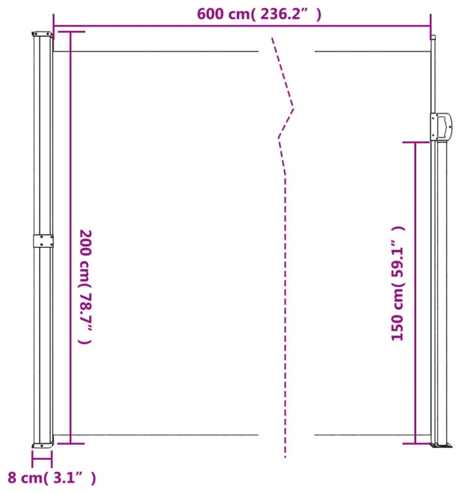 sötétzöld behúzható oldalsó napellenző 200 x 600 cm