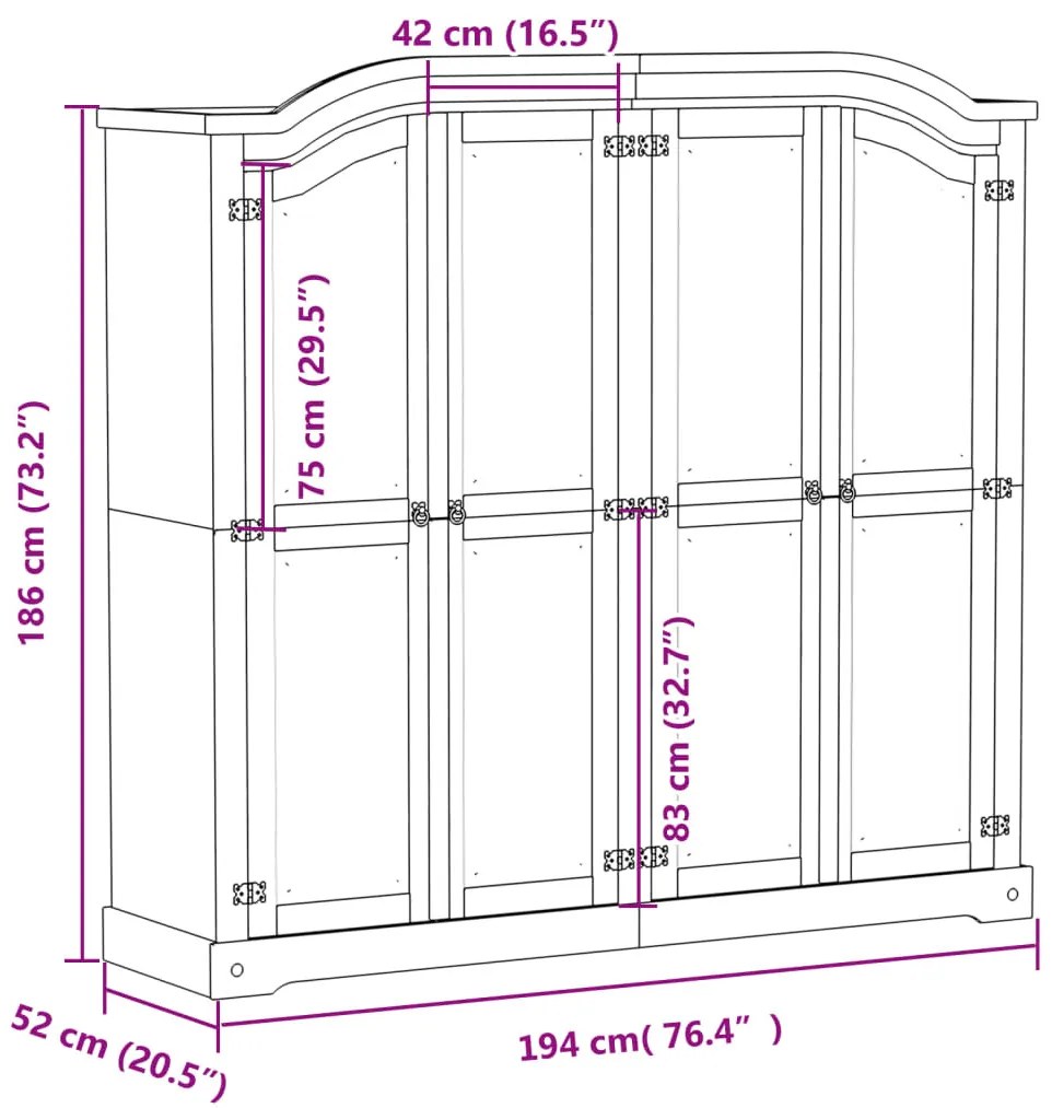 fehér Corona tömör fenyőfa ruhásszekrény 194 x 52 x 186 cm