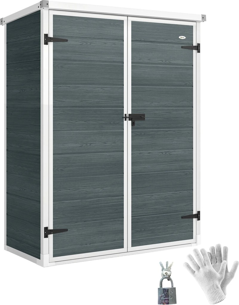 Outsunny kerti tároló, 0,81 m² — 134 x 68,5 x 170 cm, műanyag ház beépített padlóval, 2 lehajtható polccal, dupla zárható ajtó, szürke fa hatás | Aoso