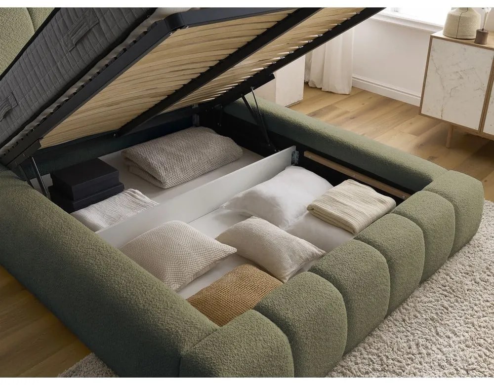 Zöld kárpitozott ágyneműtartós franciaágy ágyráccsal 140x190 cm Denali – Bobochic Paris