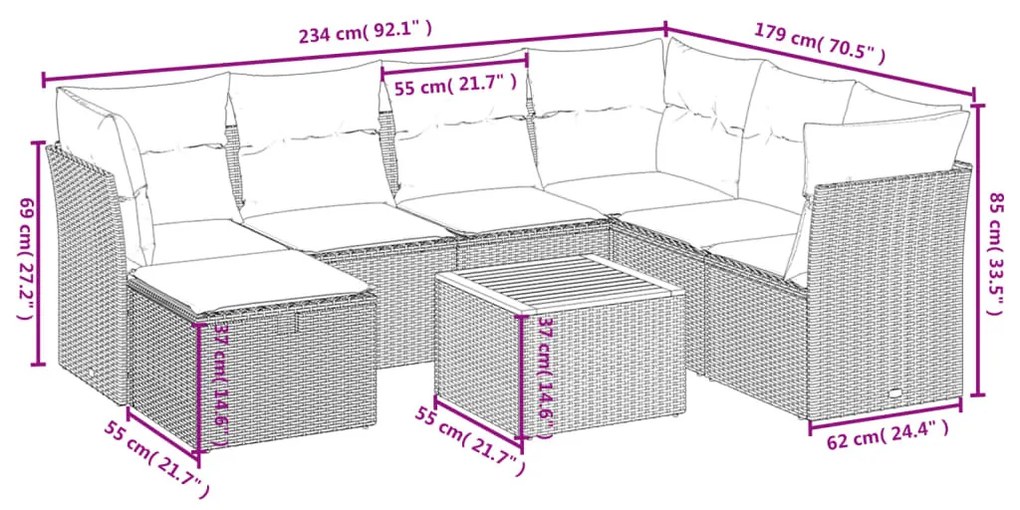 8 részes fekete polyrattan kerti ülőgarnitúra párnákkal