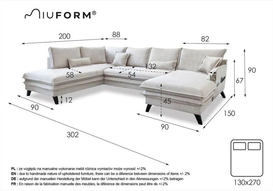 Charming Charlie világoskék kinyitható U alakú kanapé, bal oldali - Miuform