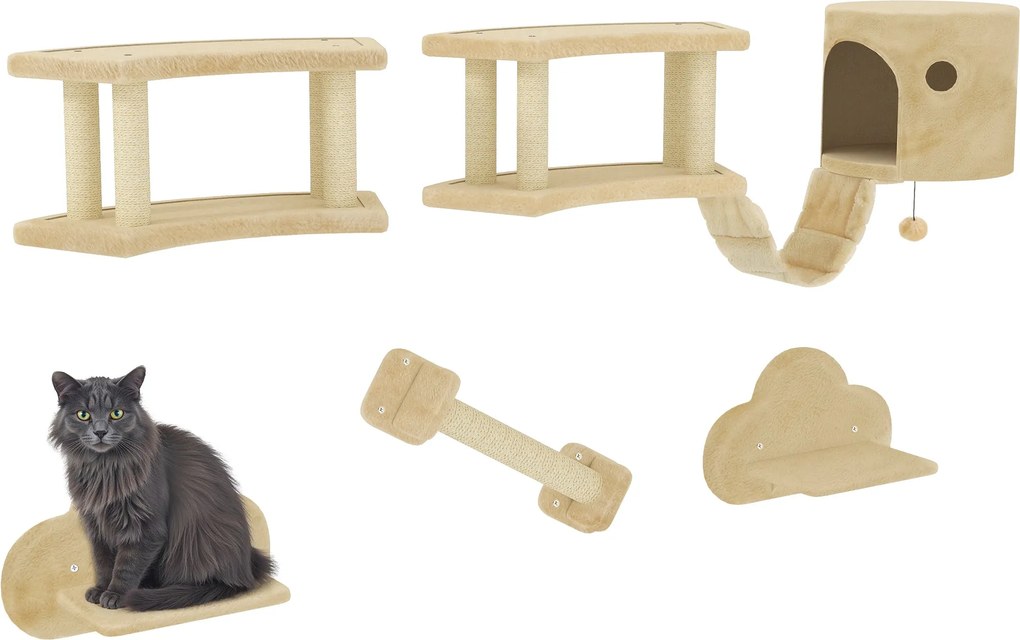 PawHut Macska Mászófal Készlet, 5 darabos Macska Bútor Kaparóoszloppal, Ugráló Platformokkal, Lépcsővel, Házakkal, 5 kg-ig, Plüss, Bézs | Aosom