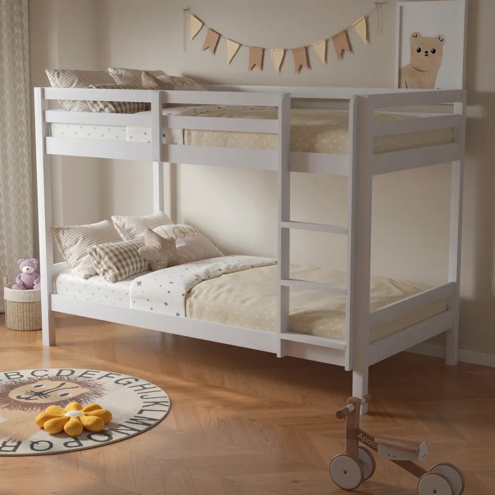 Emeletes ágy, 90x200, tömör fa, fehér, INEZA