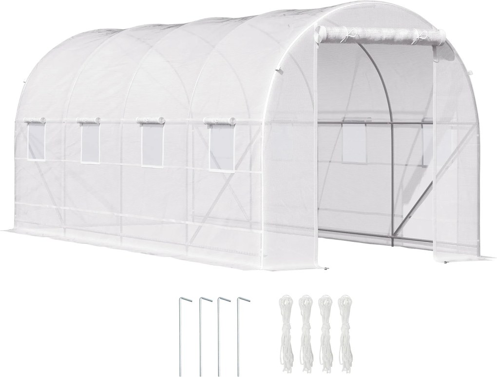 Outsunny Kerti Alagút Üvegház 8 Ablakkal és Felhúzható Ajtóval, Fém Váz és Poliészter Borítással, 5x2x2m, Fehér | Aosom