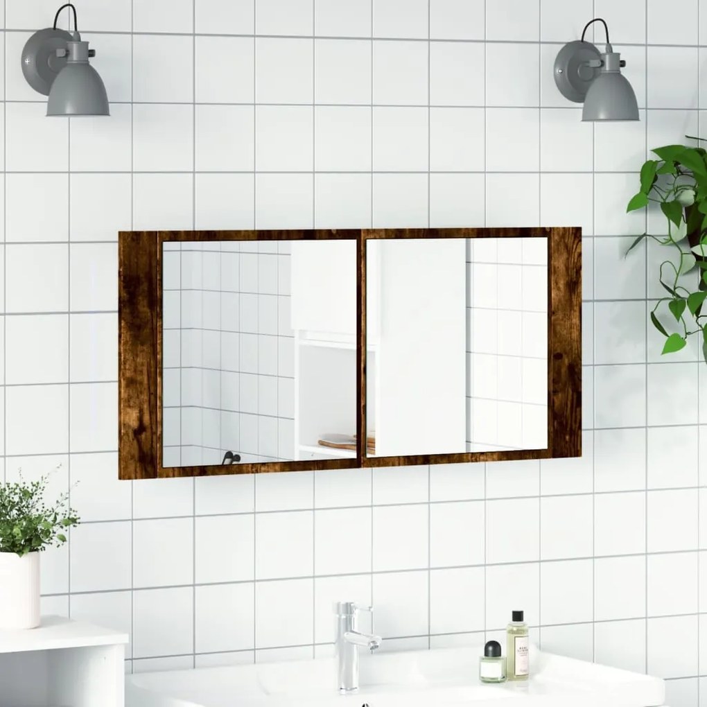 füstös tölgy színű LED-es tükrös fürdőszobaszekrény 100x12x45cm