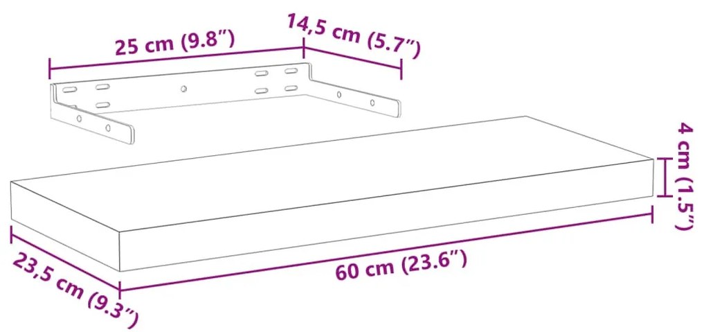 4 db szerelt fa függőpolc 60 x 23,5 x 4 cm