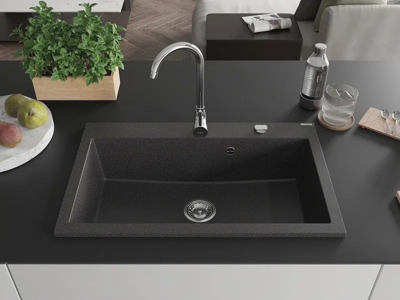 Mexen Elix gránit mosogató, 1 medencés, 800 x 500 mm, fekete foltos, króm szifon - 6527801005-76