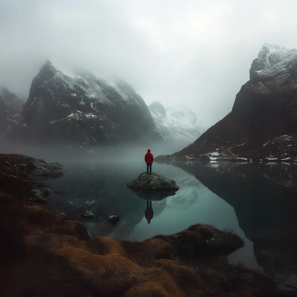 Vászonkép Canvas Norvégia Hegyek Fjord Tél Ember Magány 40x40