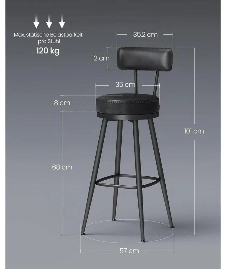 EKHO 360°-ban forgatható bárszék 2 darabos szett, 76 cm magas, tintafekete színben