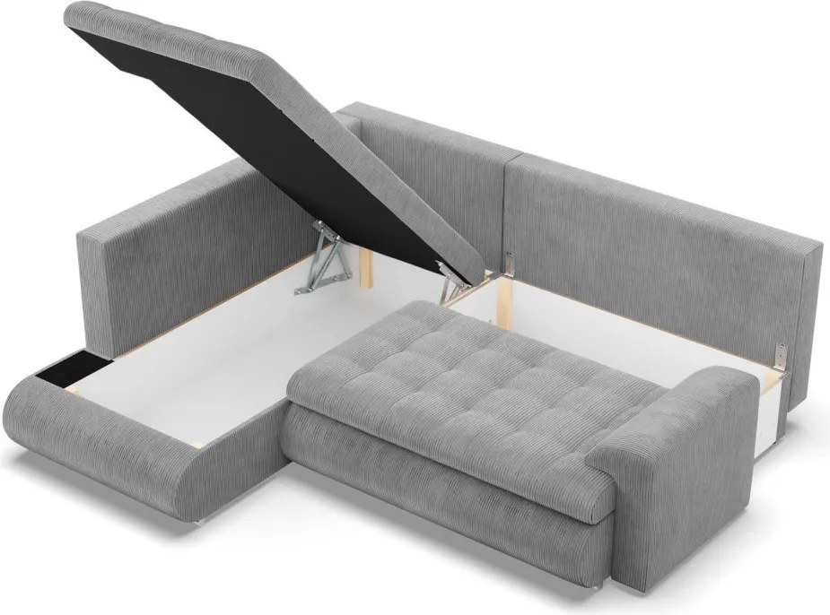 Tokio sarokkanapé, L alakú háttámlával, 2 ágyneműtartóval, kordbársony, baloldali, szürke